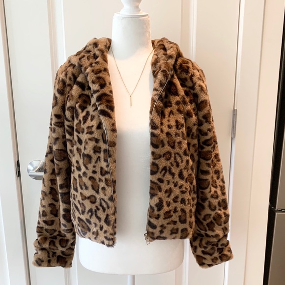 Leopard Faux Fur Hoodie Crop Jacket Hoodie XS - Picture 6 of 14